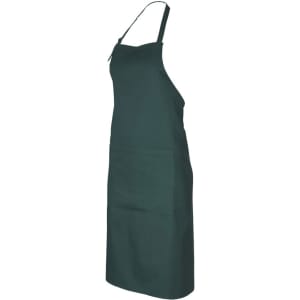 A dark green bib apron with two front pockets and an adjustable neck strap. It features a logo.