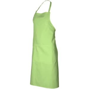 A light green bib apron with a pocket, featuring a simple design and an adjustable neck strap.