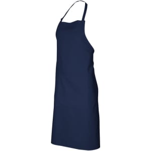 A navy blue bib apron with adjustable straps and a simple design, featuring a logo.