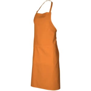 An orange bib apron featuring a side pocket and shoulder straps, designed for workwear use.