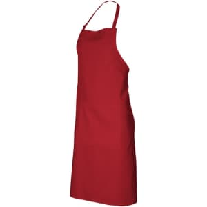 A red bib apron featuring a simple design and a single front pocket. It has an adjustable neck strap and is made for workwear.