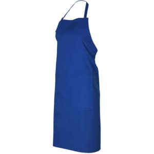 A blue bib apron featuring an upper pocket and adjustable neck strap. It has a simple design and a plain finish.