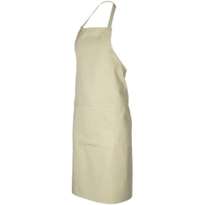 A light beige bib apron with a pocket, featuring a simple design and an adjustable neck strap.