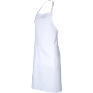 A white bib apron with a single pocket, featuring a simple design and an adjustable neck strap.