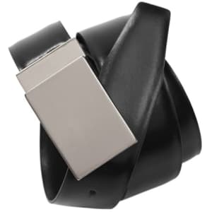 A black corporate belt featuring a sleek silver buckle and a smooth, twisted design.
