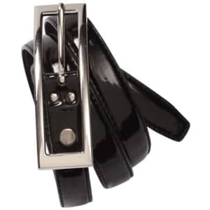 A black semi-patent belt with a silver buckle, featuring a sleek design and shiny finish.