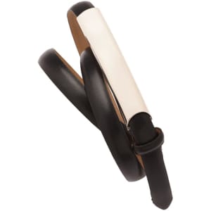 A slimline black belt with a stylish metallic accent and a buckle, showcasing a modern design.