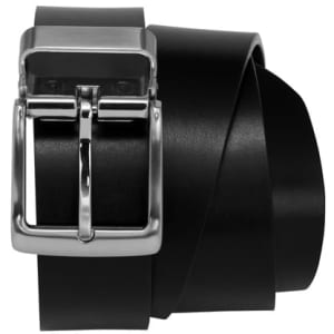 A black men's standard belt with a silver buckle, featuring a smooth design and a logo.