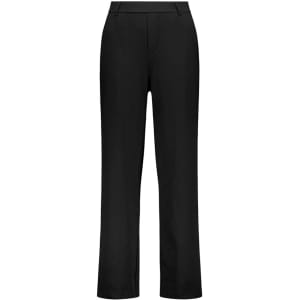 A pair of black women's soft stretch pants with a straight leg design and a waistband. The pants have a subtle branding.