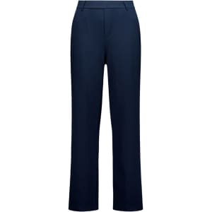 A pair of women's soft stretch pants in navy blue featuring a straight leg design. The garment has a logo.