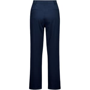 A pair of navy soft stretch pants featuring a straight leg design and back pockets. The product has a logo.