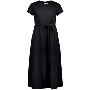 A black midi dress with a round neckline, short sleeves, and a tie belt at the waist. It has a minimalist design and a logo.