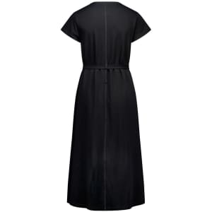 A black midi dress featuring short sleeves, a fitted waist, and a simple back design with a belt.