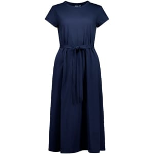 A midi dress in navy blue with short sleeves and a tie belt at the waist. It has a simple, elegant design.