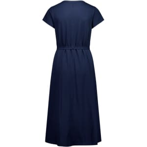 A navy midi dress with short sleeves and a belted waist, featuring a clean back design.