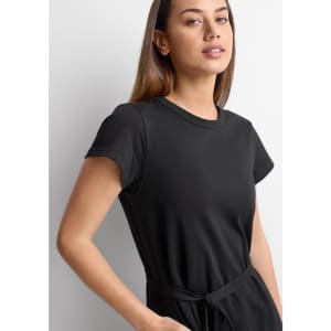 A black women's midi dress featuring short sleeves and a tie waist detail. The dress has a simple, elegant design.