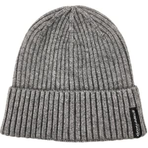 A grey beanie with a ribbed texture and a branding label on the side. Suitable for unisex wear.
