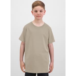 A light beige short sleeve tee for kids, featuring a plain design and a logo on the front.