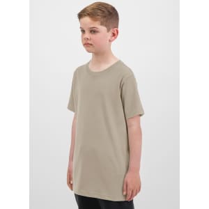 A short sleeve t-shirt in a light beige colour, featuring a simple design and a branding logo.