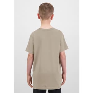 A khaki short sleeve T-shirt for kids, featuring a simple design and a logo on the back.