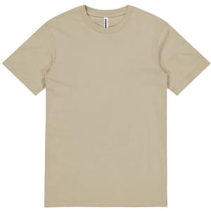 A beige short sleeve t-shirt with a simple design and a label in the neck area.