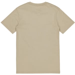 A beige short sleeve tee with a plain back, featuring a logo on the neckline.