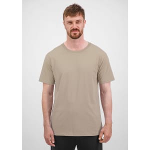 A beige men's short sleeve tee displayed on a male model, featuring a logo on the front.