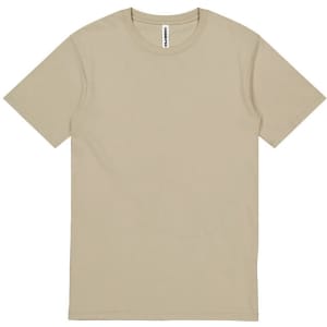 A short sleeve men's t-shirt in a beige colour, featuring a simple design and a branding label.