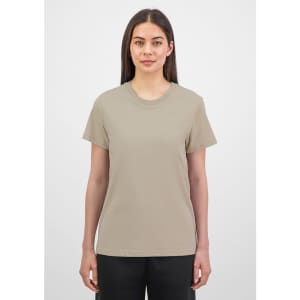 A women's short sleeve tee in a muted beige colour, featuring a simple design and a logo on the front.