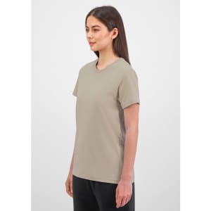 A beige short sleeve women's t-shirt with a round neckline, featuring a logo on the front.
