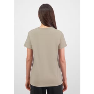 A women's short sleeve tee in a neutral beige colour, featuring a simple design and no visible branding.