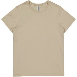 A beige women's short sleeve t-shirt featuring a simple design and a logo on the label.