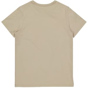 A beige women's short sleeve t-shirt featuring a plain back design. It has a simple structure and includes a branding logo.