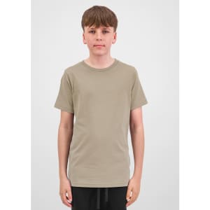 A short sleeve tee in a muted beige colour, displayed on a model with a neutral background. Features a subtle logo.