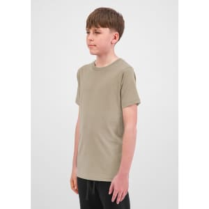 A youth short sleeve tee in a khaki colour, featuring a simple design and a logo.