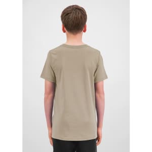 A short sleeve tee in a light khaki colour, viewed from the back, with a simple design and no visible branding.