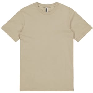 A beige short sleeve t-shirt with a round neckline and a label inside the collar. It features a logo.