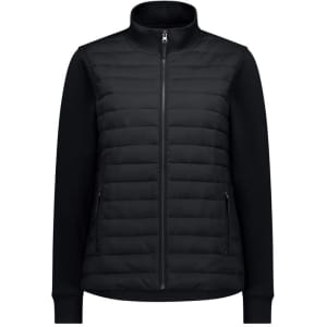 A women's tailor jacket featuring a black puffer front and black sleeves, with zip pockets and a high collar.