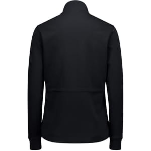 A women's tailored jacket in black, featuring a simple design and long sleeves, viewed from the back.