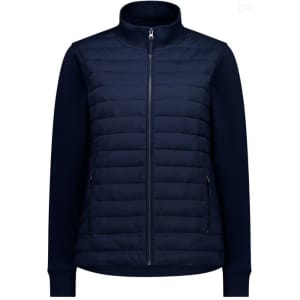 A women's tailor jacket in navy, featuring a zip front and padded body with long sleeves. It has a logo on the zipper.
