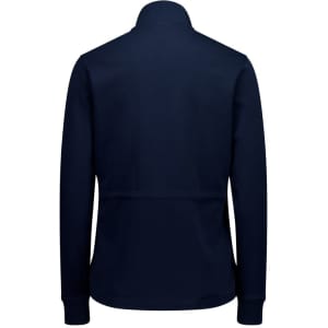 A women's tailored jacket in navy blue, featuring a collar and long sleeves, with a plain back design.