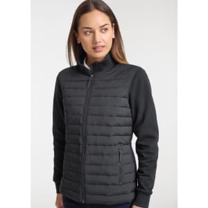 A black women's tailored jacket featuring a zip front, padded design, and pockets. Ideal for layering and style.
