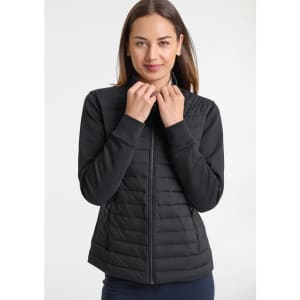 A black women's tailor jacket with a zip front and a quilted design, featuring a high collar and side pockets.