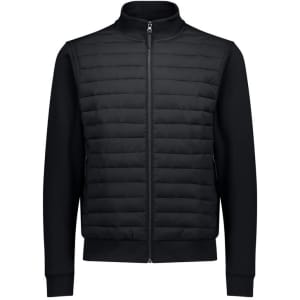 A black men's tailored jacket featuring a quilted front and smooth sleeves, with a zip closure and side pockets.