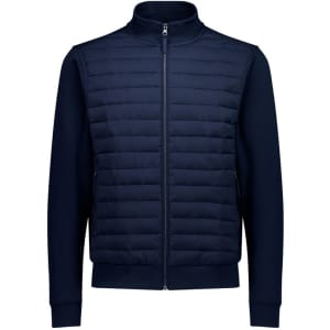 A navy tailor jacket featuring a quilted front and a smooth zip-up design with two side pockets.