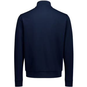 A navy mens tailor jacket displayed from the back, featuring a simple and clean design. It has a logo on the exterior.