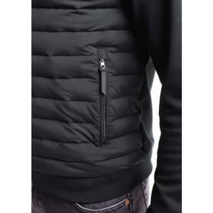 A men's tailored jacket in black with a zippered pocket and a quilted design on the front.