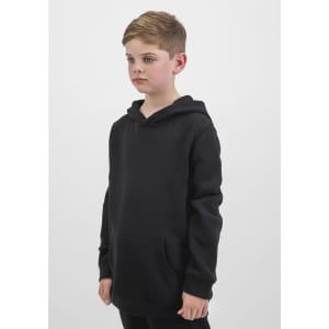 A black hoodie for youth with a front pocket and a hood, featuring a logo.
