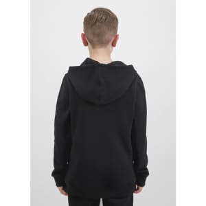 A black youth hoodie with a hood, featuring a simple design and no prominent logos or branding.