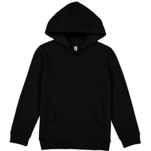 A black hoodie featuring a front pocket and a drawstring hood, with a small logo on the label.